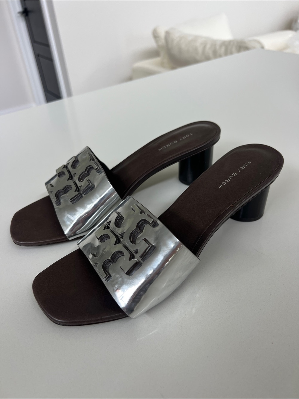 Tory Burch ines 55mm heeled open toe mule sandals heels silver metallic logo 8
